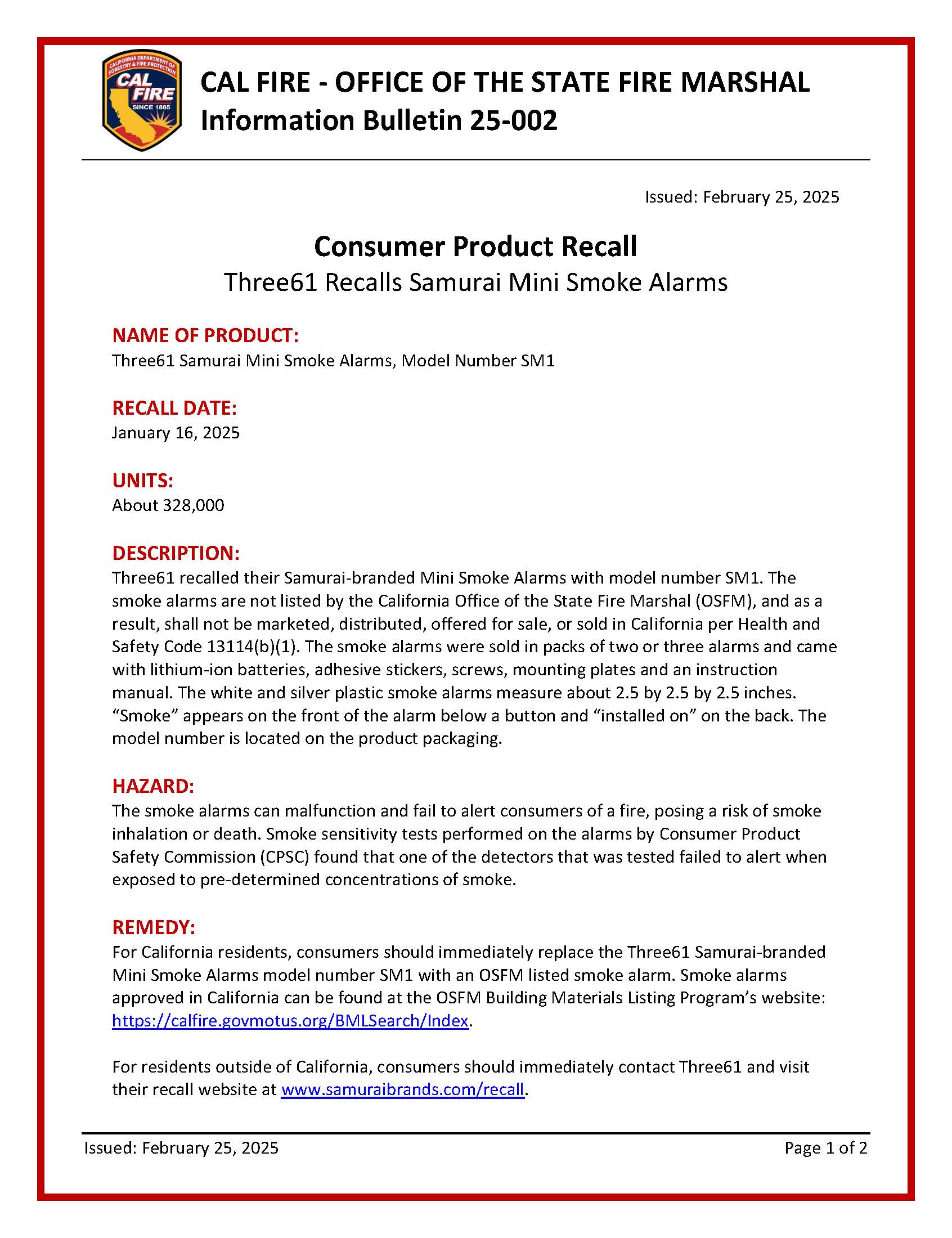 IB - 25-002 Product Recall - Three61 Samurai Mini Smoke Alarm Recall_Page_1